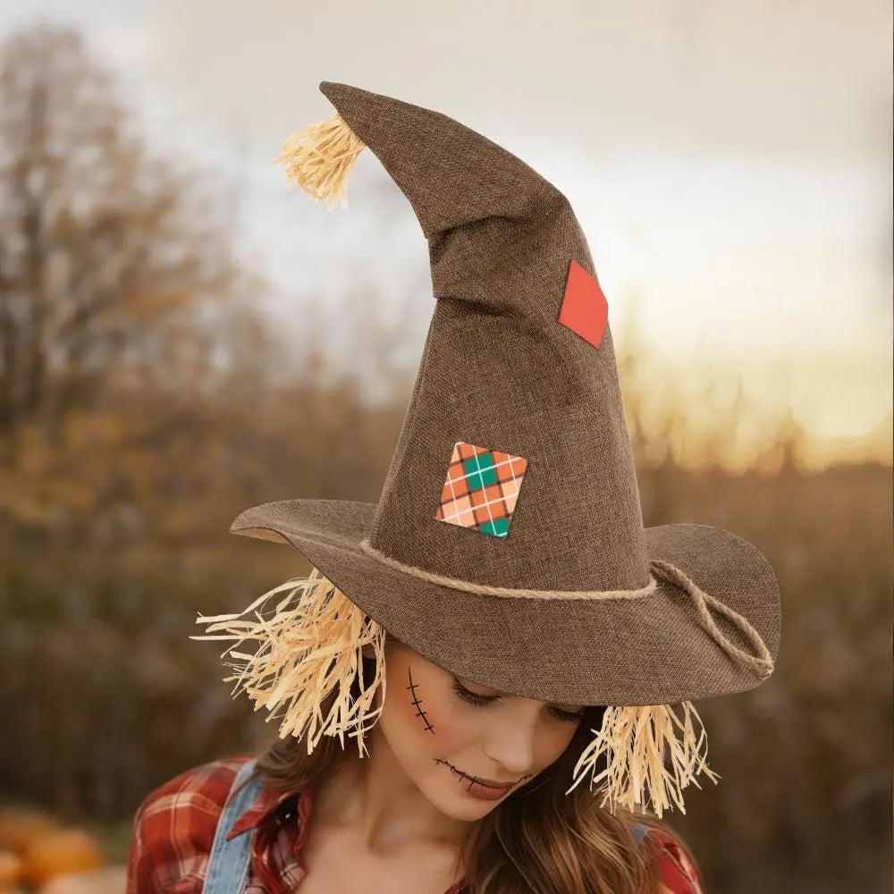 Witch Cosplay Hat Retro Distressed Look Rough Pointed-Top Cap Straw Decorations Wide-Brimmed Rustic Halloween Costume Headpiece