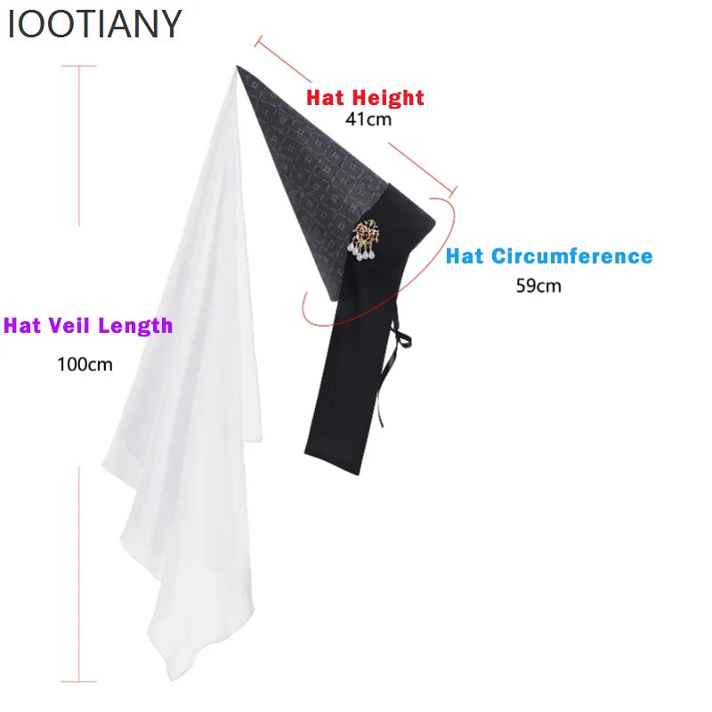 Vintage Gothic Pointed Witch Hat With Long Flowing White Chiffon Medieval Wizard Headwear Halloween Cosplay Costume Accessory