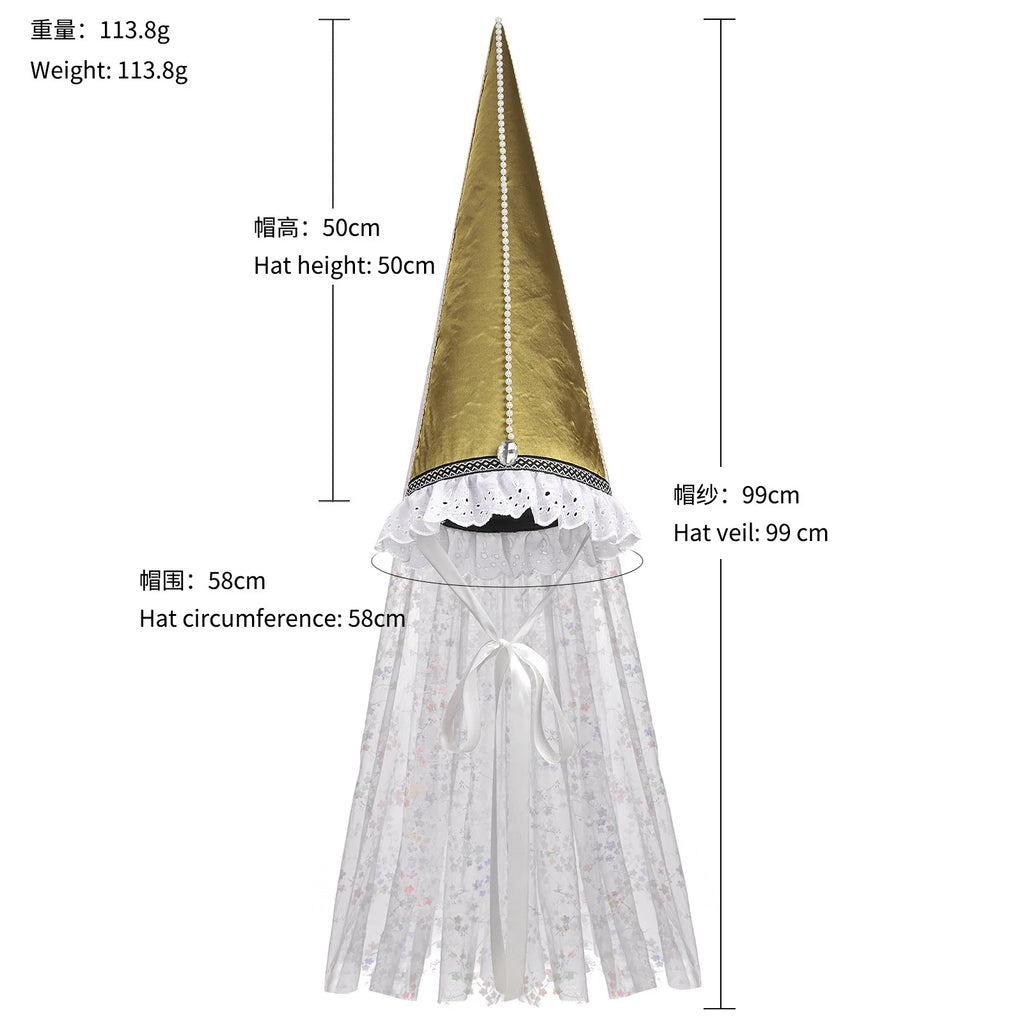Vintage Gothic Pointed Witch Hat With Long Flowing White Chiffon Medieval Wizard Headwear Halloween Cosplay Costume Accessory