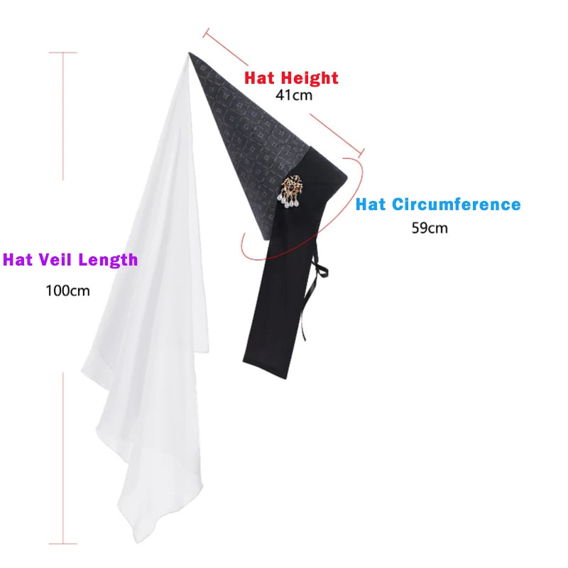 Vintage Gothic Pointed Witch Hat With Long Flowing White Chiffon Medieval Wizard Headwear Halloween Cosplay Costume Accessory