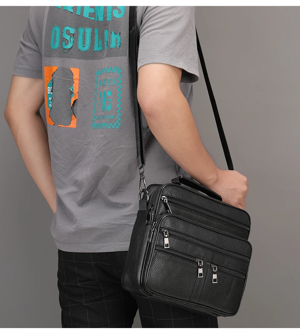 Genuine Leather Shoulder Bag for Men Black Cowhide Leather Handbag for Men Business Office Messenger Bag Male Crossbody Bag