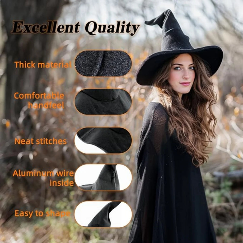 Black Witch Hat for Women, Curly Wizard Hat, Halloween Cosplay Witch Costume Accessory for Party Masquerade Dress Up Costume