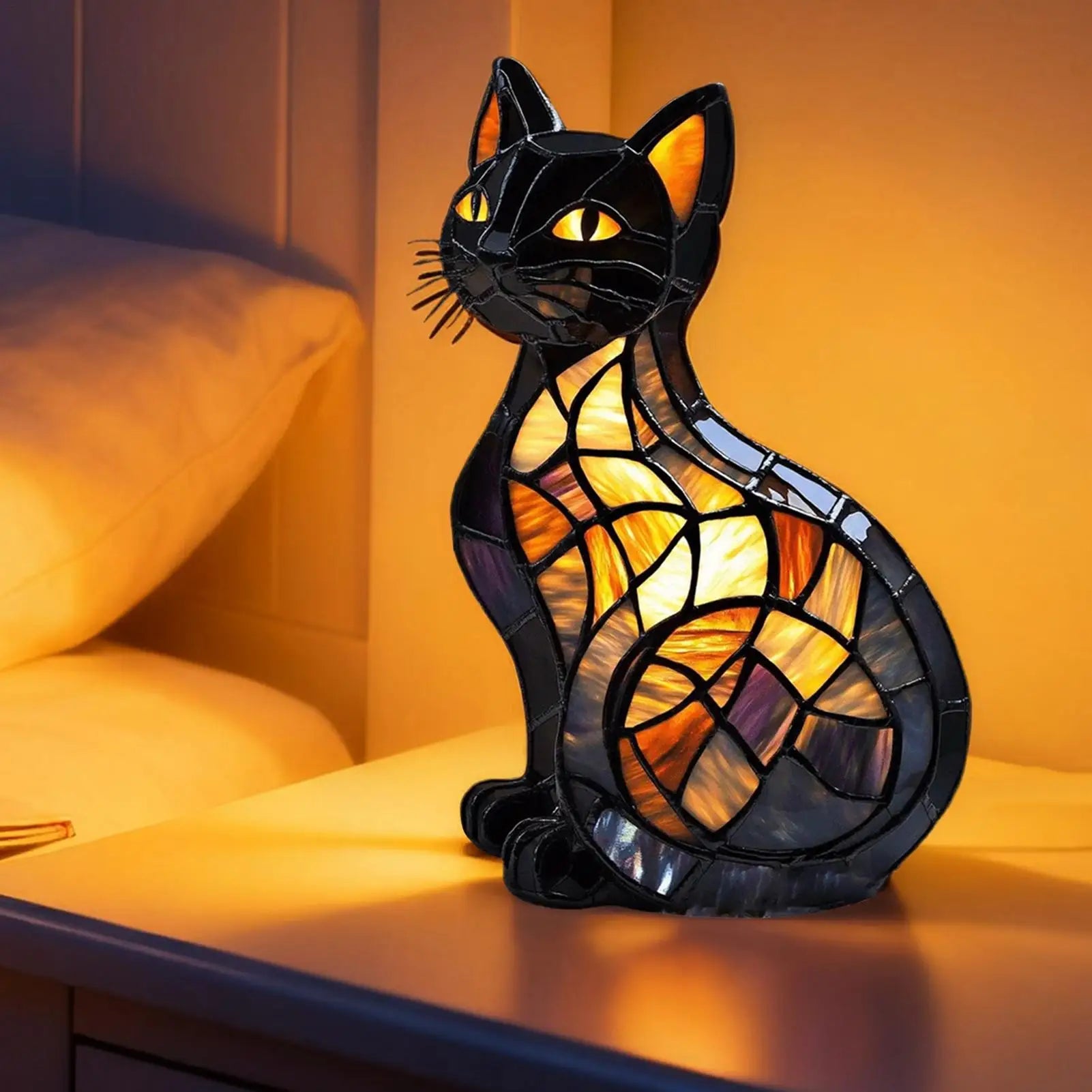 Cat Lamp Stained Retro Cat Stained Resin Tabletop Night Light Cute Pet Themed Led Lamp Gift For Cat Lovers