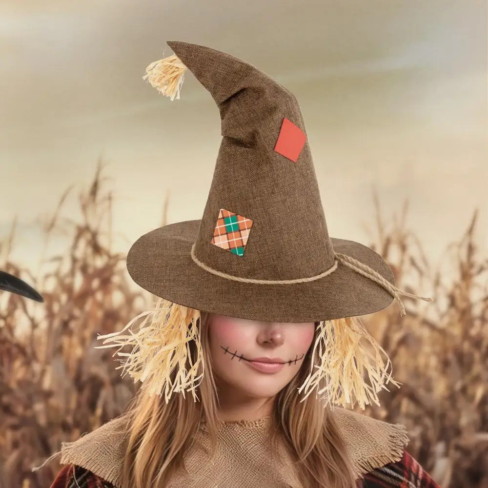 Witch Cosplay Hat Retro Distressed Look Rough Pointed-Top Cap Straw Decorations Wide-Brimmed Rustic Halloween Costume Headpiece