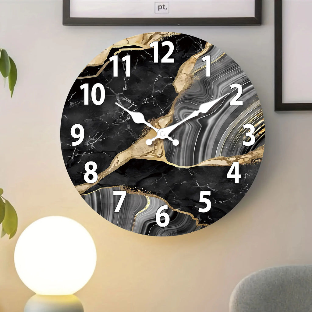 MarbellaTime | Modern Round Wooden Wall Clock | Silent Marble Design